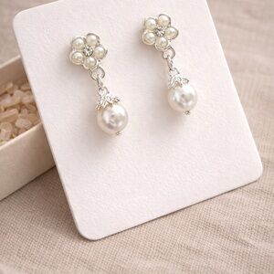 Silver Tone Flower Faux Pearl Drop Earrings | Rhinestone Floral Dangle